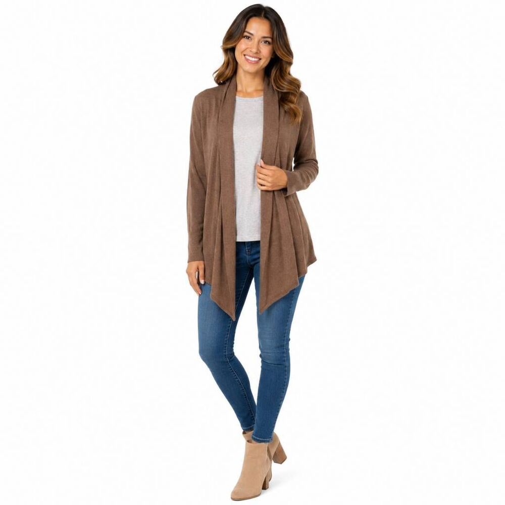 Express Women’s Brown Open Front Cardigan Sweater Small Rayon Cashmere Blend Dra